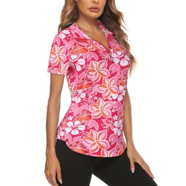 Imagem de Koscacy Camisa polo feminina de golfe de manga comprida UPF50+ meio zíper dry fit para treino, Floral rosa - B, M