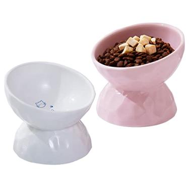 Imagem de OMAYKEY Tigelas elevadas de cerâmica, tigelas elevadas inclinadas para comida e água, conjunto de tigelas de porcelana sem estresse, tigela para animais de estimação para gatos e cães pequenos, branco