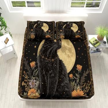 Imagem de Eojctoy Jogo de cama queen size - 4 peças - lençol com estampa de lua de gato preto - 100% microfibra escovada lençol com elástico 40,6 cm com bolso extra profundo - lençol preto macio respirável