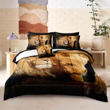 Imagem de Jogo de lençol Queen com leão, animal selvagem, para casal, leão, decoração de casa, preto, 8 peças com 1 capa de almofada (Queen, Leão)