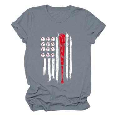 Imagem de Camiseta feminina de beisebol estampada gola redonda camiseta solta manga curta túnica camiseta de beisebol verão, Cinza - A, P