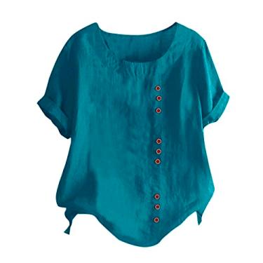 Imagem de Lainuyoah Camisetas femininas de verão 2024 na moda plus rodadas estampa de férias 2024 blusa gola redonda boho linho túnica, C - verde, GG