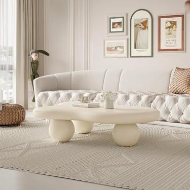 Imagem de Mesa de centro em nuvem branca/creme de estilo simples, mesa final de madeira moderna em forma de nuvem 39 × 27 para quarto de sala de estar, mesa de centro irregular com 3 pernas esféricas,