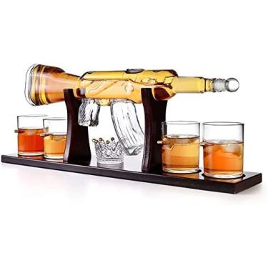 Imagem de Conjunto de decantador de garrafa grande estilo arma de 800ml, vidro de bala, vidro de uísque de 4 balas, conjunto de vidro de uísque de rifle elegante com base de pinho