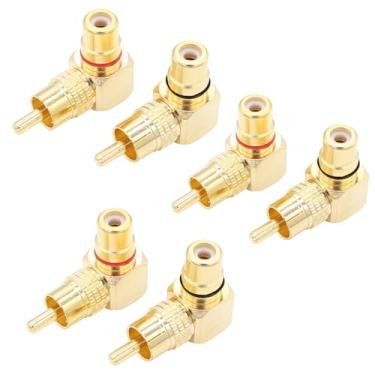 Imagem de exgoofit Adaptador RCA de ângulo reto banhado a ouro, pacote com 6 adaptadores de conector RCA macho de 90 graus para RCA fêmea (3 pretos + 3 vermelhos)