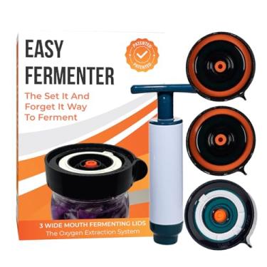 Imagem de Easy Fermenter Kit de fermentação, inclui 3 tampas de fermentação para frascos de vidro de boca larga e bomba extratora de oxigênio, tampa de conserva para fermentar Kimchi, picles e chucrute