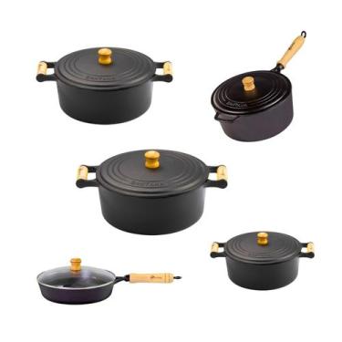 Imagem de Jogo Cozinha 5 Pçs Caçarolas Frigideira Ferro Fundido Limpeza Fácil An