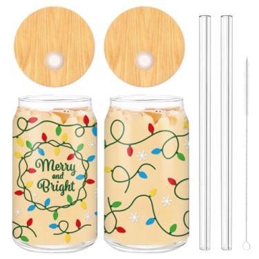 Imagem de Whaline Pacote com 2 copos de café gelado de Natal com lâmpada colorida para bebida, vidro de lata de cerveja alegre e brilhante, escova de limpeza com palha, para presentes de Natal, escritório em