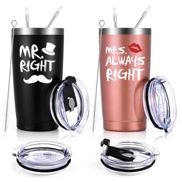 Imagem de Qtencas Mr. Right Mrs. Always Right Conjunto de copos de viagem, presentes de noivado para marido, esposa, casais, noivo, noivo, aniversário de casamento, 590 ml, copo de aço inoxidável preto e ouro rosa