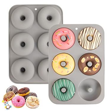 Imagem de Aichoof Molde de donut de silicone para 6 donuts, conjunto de 2. Assadeira de silicone LFGB de grau alimentício, antiaderente, lavável na lava-louças, resistente ao calor e segura para micro-ondas (cinza)