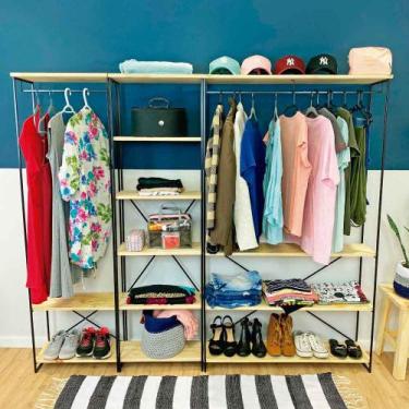 Imagem de Guarda-Roupas Industrial de Ferro e Madeira Closet Modular Natural e P