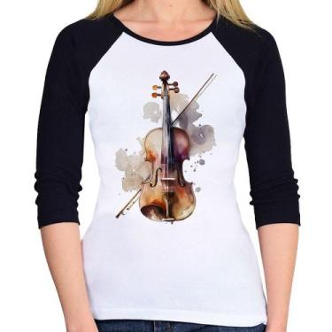 Imagem de Baby Look Raglan Violino Manga 3/4 - Foca na Moda, Branco, Preto, G