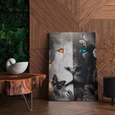 Imagem de Quadro Tecido Canvas Leão Preto e Branco Borboleta Flores - LindaCasaP