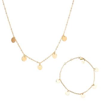 Imagem de LUUK LIFESTYLE Colares, pulseiras e conjuntos de joias de aço inoxidável de filigrana, joias de design moderno, acessório de moda para mulheres, estilo elegante, comprimento ajustável, aparência de camada, ouro, prata e ouro rosa, Jewelry Set - 5 Coins, Conjunto de joias - 5 moedas, Sem Pedra Precio