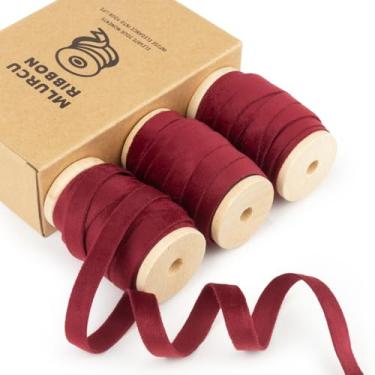 Imagem de Fita de veludo vermelho escuro 9,5 cm x 55 m, acabamento em tecido, vintage, dupla face, fita de veludo borgonha fina para enfeites de árvore de Natal, embrulho de presente, decoração de casamento,