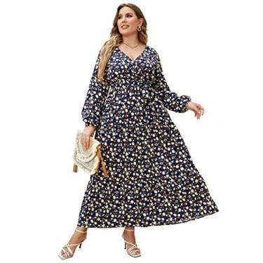 Imagem de KOJOOIN Vestido maxi feminino plus size com decote em V, cintura alta, babados, vestido casual de verão com cinto, Manga comprida, azul marinho, branco, flor amarela 01, XXG