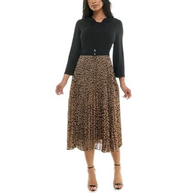 Imagem de Julian Taylor Vestido midi plissado com saia com estampa animal de manga comprida e cinto, preto/camelo/marrom, 38