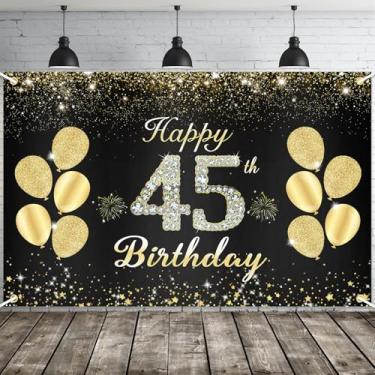 Imagem de JOYKY Banner de feliz aniversário de 45 anos, decorações de festa de aniversário de 45 anos de ouro para mulheres dela, decoração de pano de fundo de suprimentos de aniversário de 45 anos, 15 x 3,8