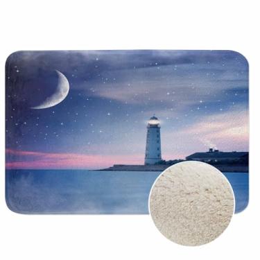 Imagem de Lighthouse at Night Tapete de banheiro Lua e estrelas no céu noturno Microfibra Faux Cashmere Tapete de banho de pelúcia grossa antiderrapante absorvente de água tapete de banho para banheira,