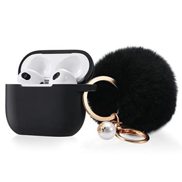 Imagem de Capa protetora para Airpods 3, capa de silicone macio compatível com Air Pods 3ª geração 2021 com kit de chaveiro de pompom fofo com bola fofa (3ª, preto)