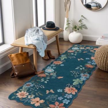 Imagem de Lahome Corredores florais laváveis para corredores, tapete de cozinha 2x12 ultrafino, antiderrapante resistente a manchas Boho tapete de pêlo baixo para banheiro quarto (0,6 x 1,5 m, azul marinho)