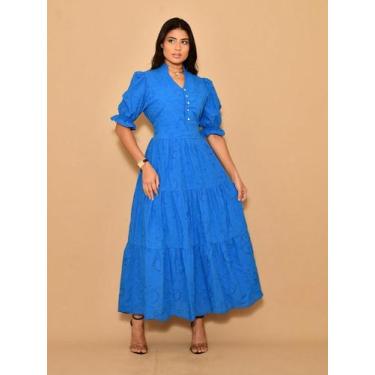 Imagem de Vestido longo luxo lese gola botão bordado algodão manga curto 0070 - 