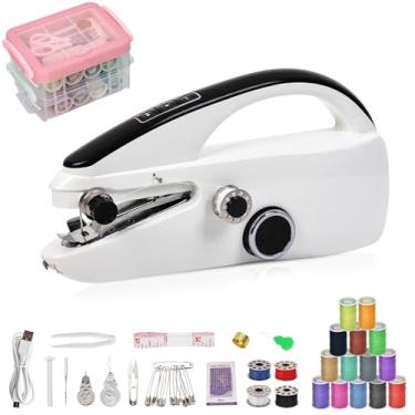 Imagem de Máquina de costura portátil para costura rápida, mini máquina de costura manual fácil de operar para iniciantes com kit de costura, ideal para casa, viagens e bricolage (kit de costura A)