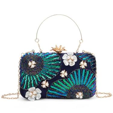 Imagem de BWKUNOLF Bolsa clutch feminina para noite bolsa clutch de lantejoulas com corrente de plástico pérola floral para festa de casamento, Azul marinho, One Size