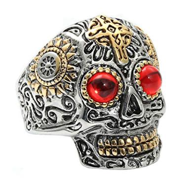 Imagem de INRENG Anel masculino de aço inoxidável prata dourado gótico crânio cruz verde olho vintage flor esculpida Halloween, Metal, Zircônia cúbica,