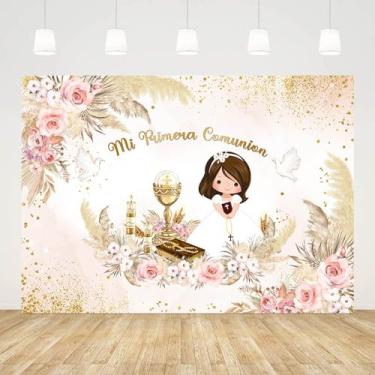 Imagem de AIBIIN Cenário de batismo de 2,1 x 1,5 m para meninas Mi Primera Comunion Batizado Primeira Comunhão Fundo para fotografia Boho rosa pomba Deus abençoe recém-nascido chá de bebê decoração banner foto