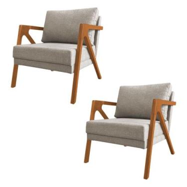 Imagem de Kit 2 Poltronas Mona Monique Luxo Base Madeira Maciça Cerejeira Linho 