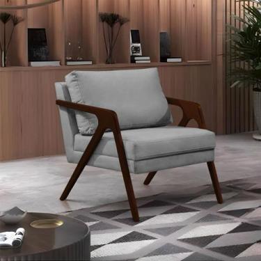 Imagem de Poltrona Mona Monique Luxo Base Madeira Maciça Castanho Veludo Cinza -