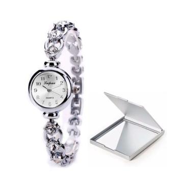 Imagem de Kit Relógio Prata Feminino De Pulso Pedras Strass + Espelho - PENDULAR