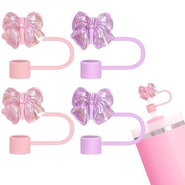 Imagem de Conjunto de 4 peças de topo de palha roxo e rosa, tampa de palha em forma de arco de 10 mm compatível com copos Stanley Copo de 30 e 1,134 g com alça, tampas de canudo de silicone reutilizáveis,