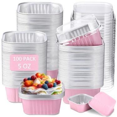 Imagem de Skylety 100 peças, mini assadeira quadrada de 142 g com tampa, forma de cupcake de alumínio, copo de brownie, ramequins descartáveis, recipientes individuais de estanho para cozinha, material de grau