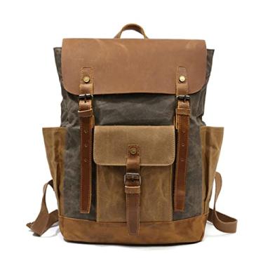 Imagem de Mochila vintage masculina de lona bolsa de viagem de couro encerada para laptop bolsa masculina de lona encerada(Army Green)