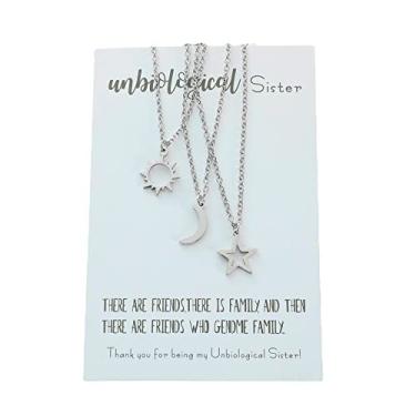 Imagem de COLORFUL BLING Colar de aço inoxidável com estrela do sol e da lua, conjunto de 3 melhores amigas, amizade, irmã, para mulheres, adolescentes, meninas, mãe, filha, melhores amigos, joias para presente, Metal, Liga metálica.