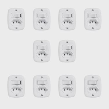Imagem de Conjunto de 10 Interruptores de 1 Tecla Simples e Tomada 2p + t 20A, com Placa de Sobrepor Branco