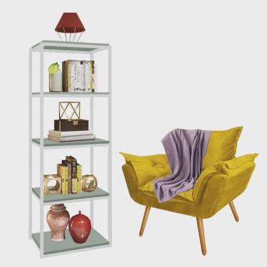 Imagem de Kit Poltrona Fatte com Manta Soft Lilás e Estante Livreiro Ferro Branco mdf Verde Oliva Suede Amarelo - Ahazzo Móveis