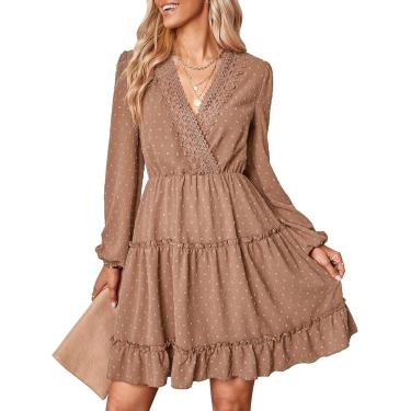 Imagem de Mulheres vestido v pescoço casual manga longa primavera vestidos curtos casamentos hóspedes renda travela de cor sólida, cáqui, xl