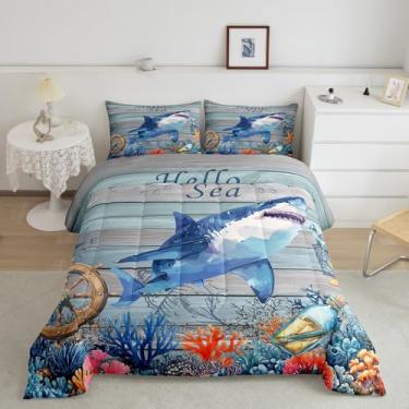 Imagem de Castle Fairy Conjunto de edredom casal de tubarão oceano, aquarela, animais subaquáticos, plantas, listras de madeira rústica, edredom acolchoado para crianças, adolescentes, meninas, mulheres, 2