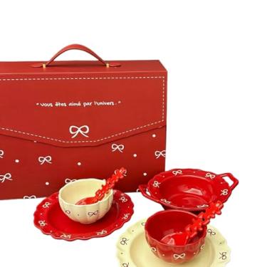 Imagem de Utensílios de mesa minimalistas criativos, fofos e festivos, tigela personalizada simples de cerâmica e lembrança de prato - cores mistas para duas pessoas