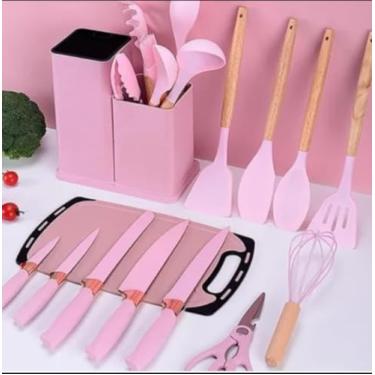 Imagem de Kit Completo Jogo Utensílios de Cozinha Luxo 19 Peças Com Tábua em Silicone Espátula Faca Tesoura (Rosa)