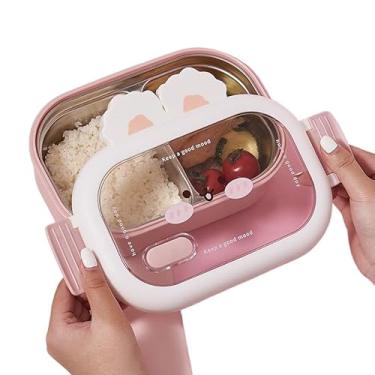 Imagem de Lancheira Marmita De Aço Inoxidável Com 2 Divisórias Isolamento Para Armazenamento De Alimentos Infantil Com Desenhos De Coelhinho(COR ALEATÓRIO)