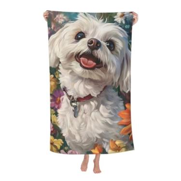 Imagem de Linda toalha de praia maltesa, microfibra leve ultra macia, secagem rápida, toalha de banho branca floral para cães presentes para atividades ao ar livre, viagens, piscina, banheiro, decoração de