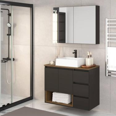 Imagem de Gabinete de Banheiro 80cm Vitória com Espelheira e Cuba Mel/Graffite