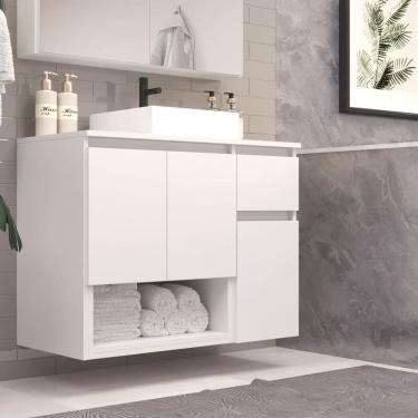 Imagem de Gabinete Banheiro Suspenso 80cm Aurora com 03 Portas 01 Gaveta e Nicho com Cuba Branco