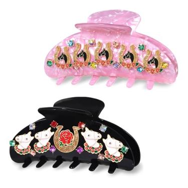 Imagem de BVGA 2 peças de garras de cabelo Kentucky Derby para mulheres, ferradura, rosa, cavalo, presilhas grandes ovais de cristal acrílico Kentucky Derby, acessórios de cabelo, presentes (padrão B)