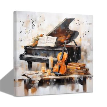 Imagem de CCWACPP Arte de parede em tela de música, pintura de piano, violino, imagens temáticas, jazz, arte abstrata, instrumentos musicais, impressões, música, quarto, escritório, decoração de casa emoldurada