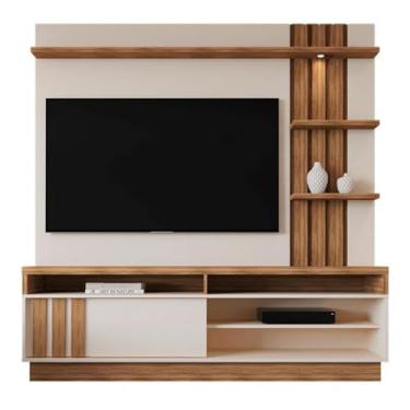 Imagem de Estante Home Mariana para TV até 55", 180cm, Madeira e Branco, com Nichos Decorativos (PEROLA METALIZADO/AMENDOA)